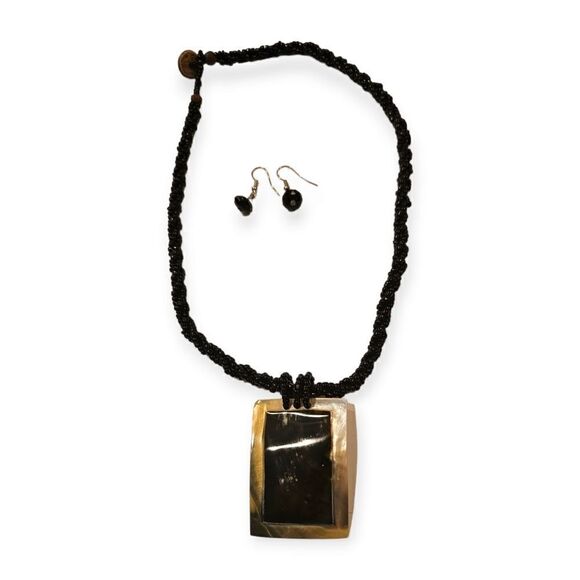 Artisan Seed Bead Shell Pendant Necklace and Black Beaded Earrings - Picture 1 of 15